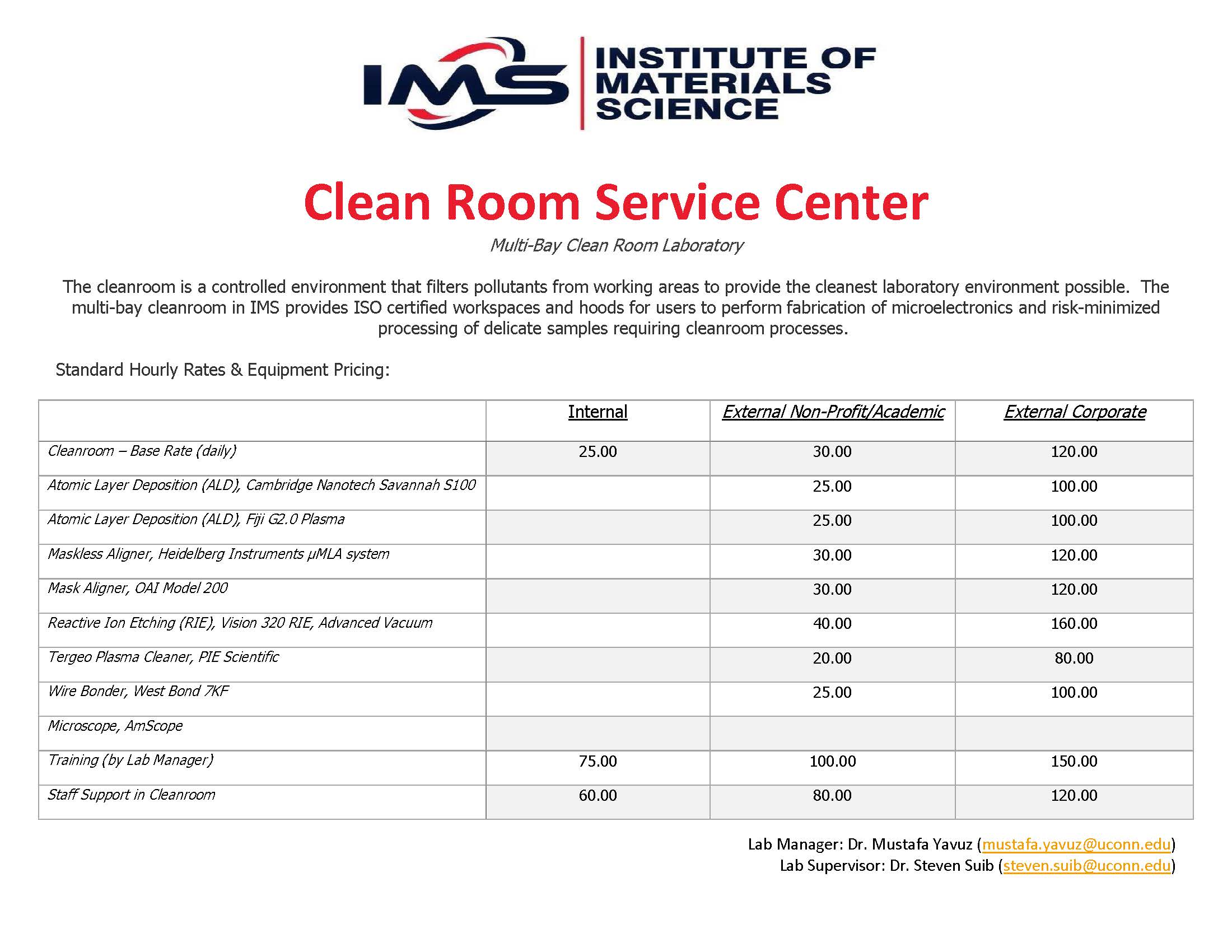 list of rates for usage of and training in the cleanroom at UConn IMS